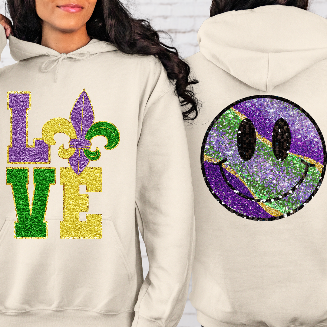 Mardi Gras LOVE Smiley Face Hoodie Sweatshirt