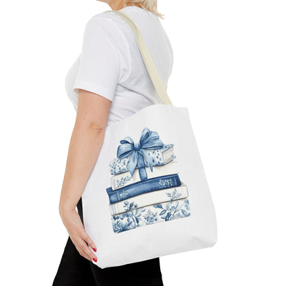 Blue Floral Book Stack Tote Bag