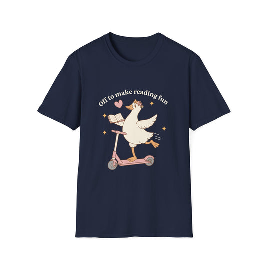 Reading Goose T‑Shirt — "Off to Make Reading Fun" Cute Book Lover Tee