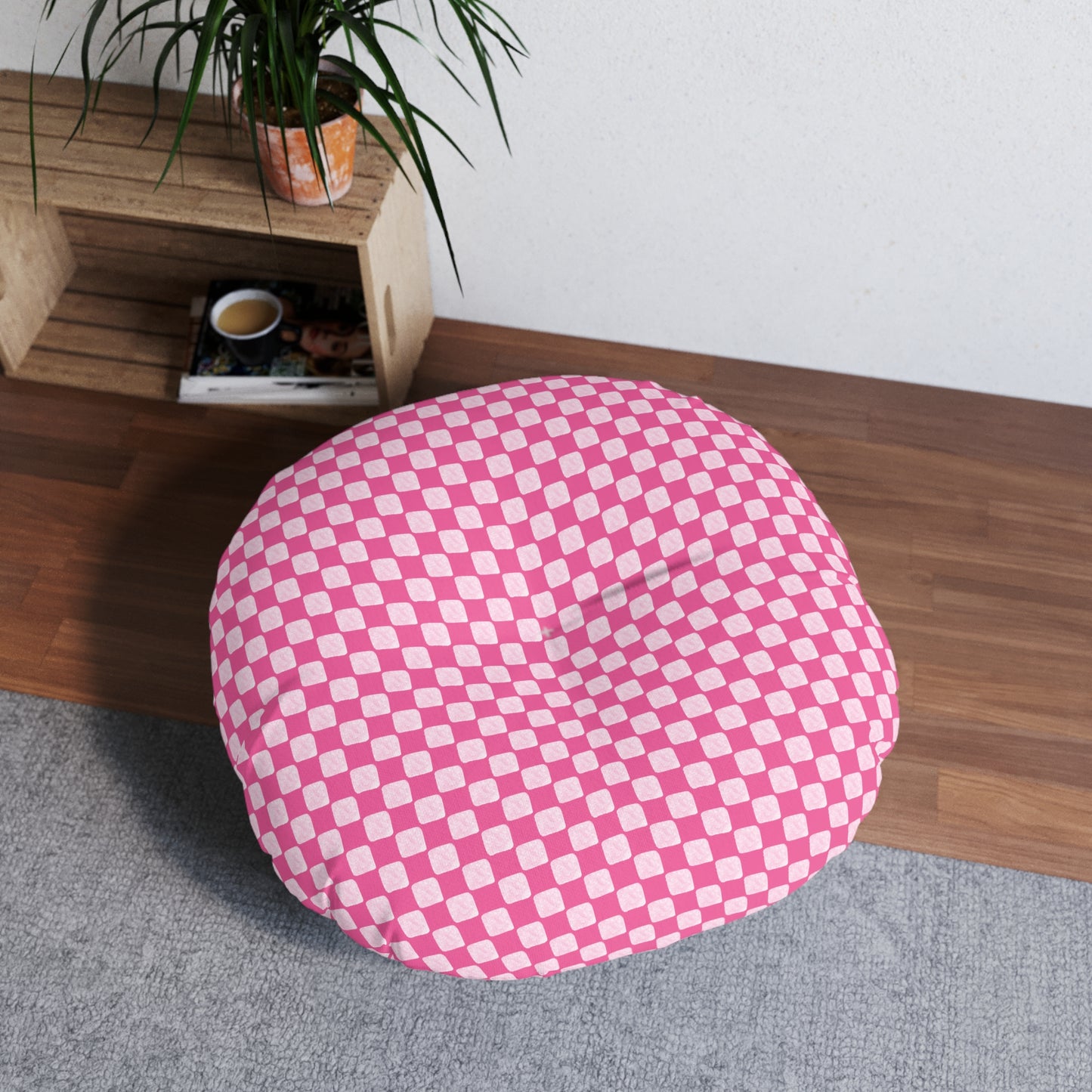 Pink Checked Tufted Floor Pillow, Round