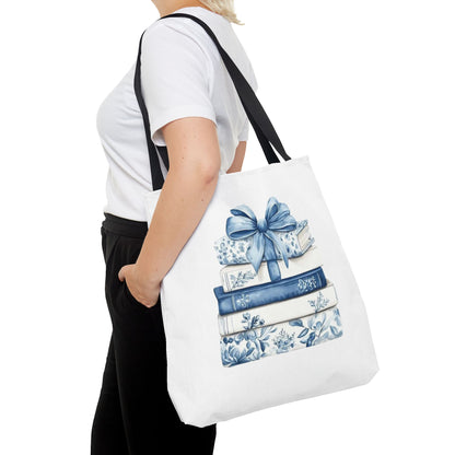 Blue Floral Book Stack Tote Bag