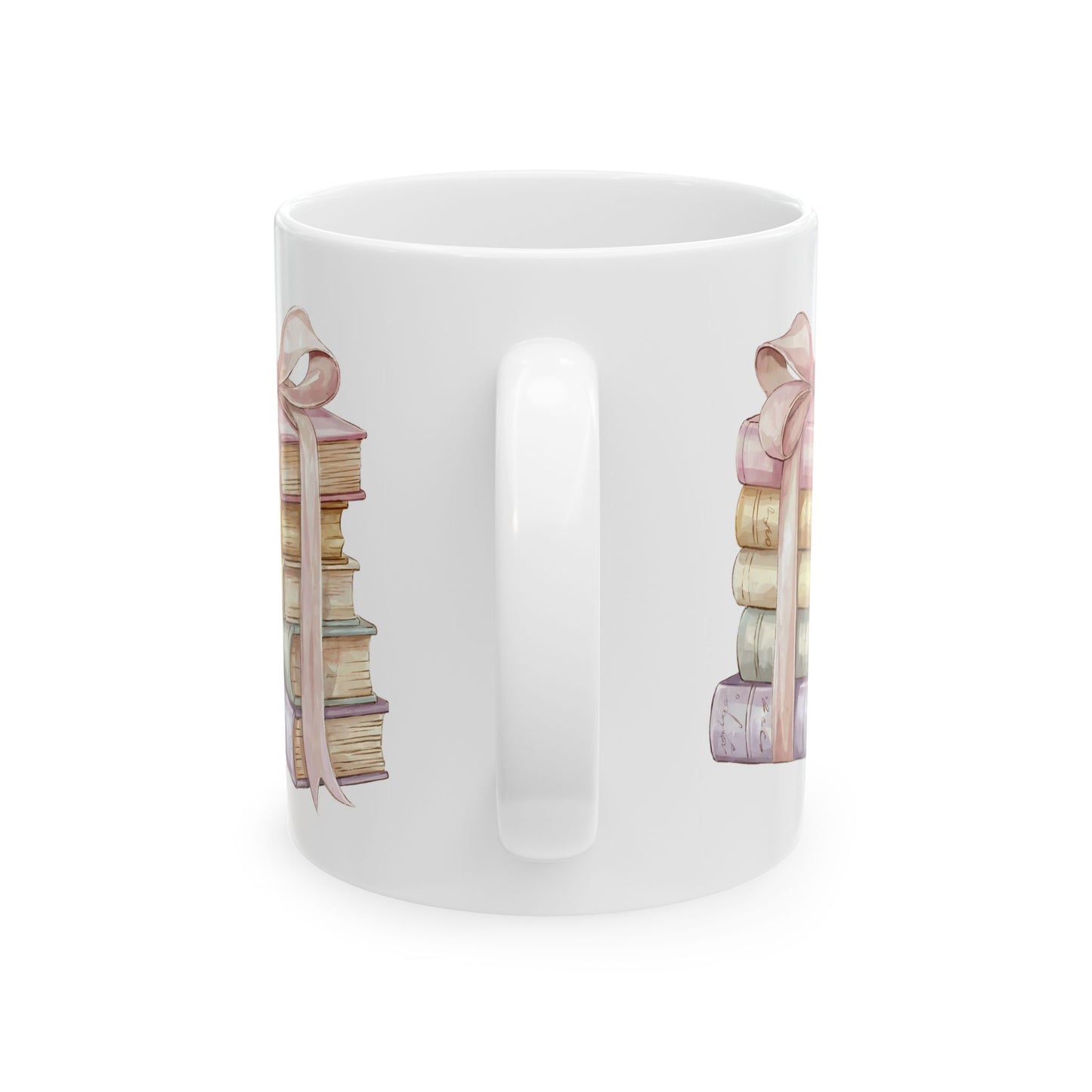 Book Lover Ceramic Mug — Stack of Vintage Books with Pink Ribbon (11oz & 15oz)