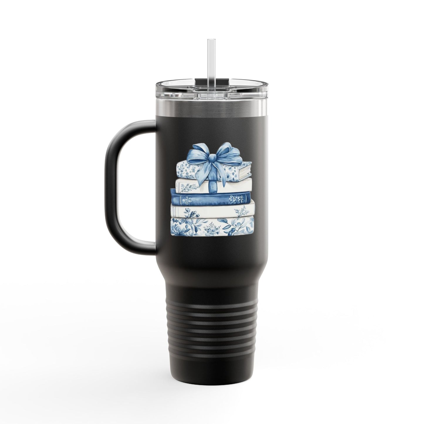 40oz Insulated Travel Mug — Blue Floral Book Stack Design