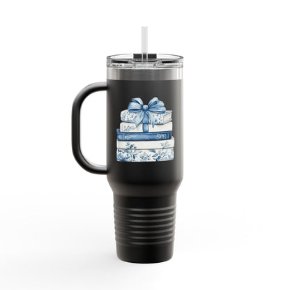 40oz Insulated Travel Mug — Blue Floral Book Stack Design
