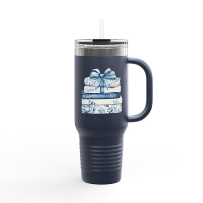 40oz Insulated Travel Mug — Blue Floral Book Stack Design