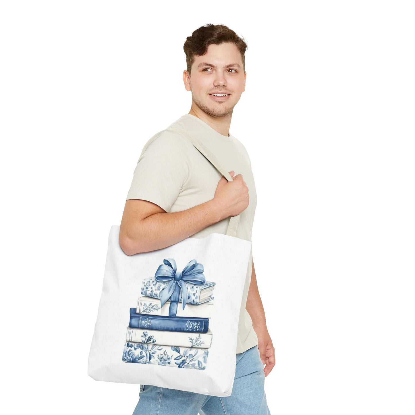 Blue Floral Book Stack Tote Bag
