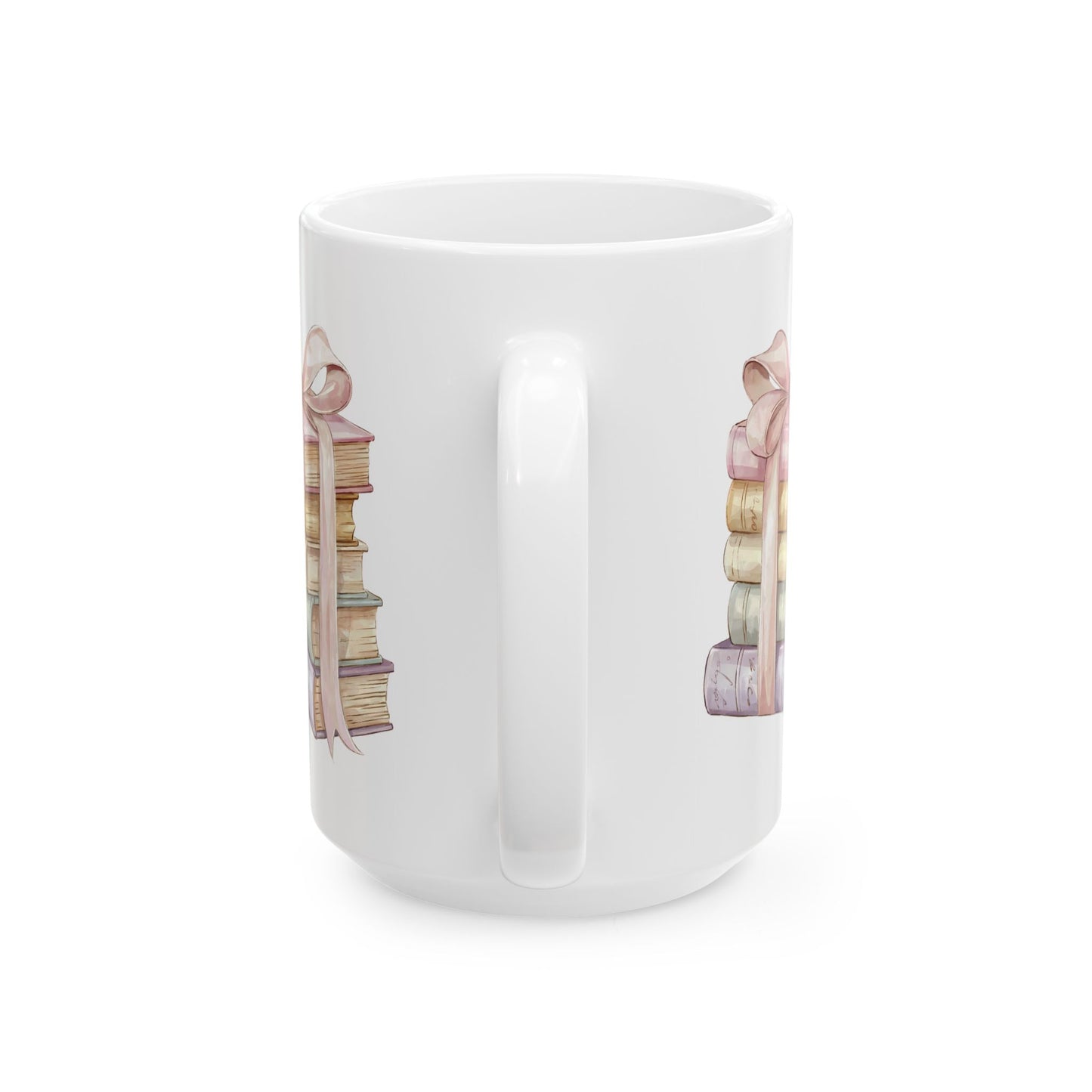 Book Lover Ceramic Mug — Stack of Vintage Books with Pink Ribbon (11oz & 15oz)