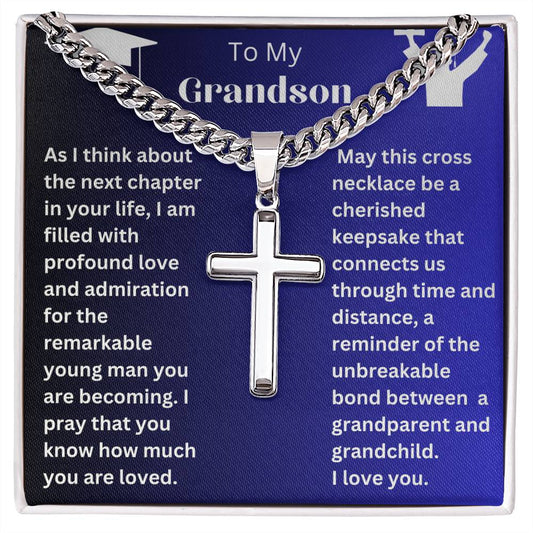 Grandson Graduation Silver Cross Cuban Link Necklace