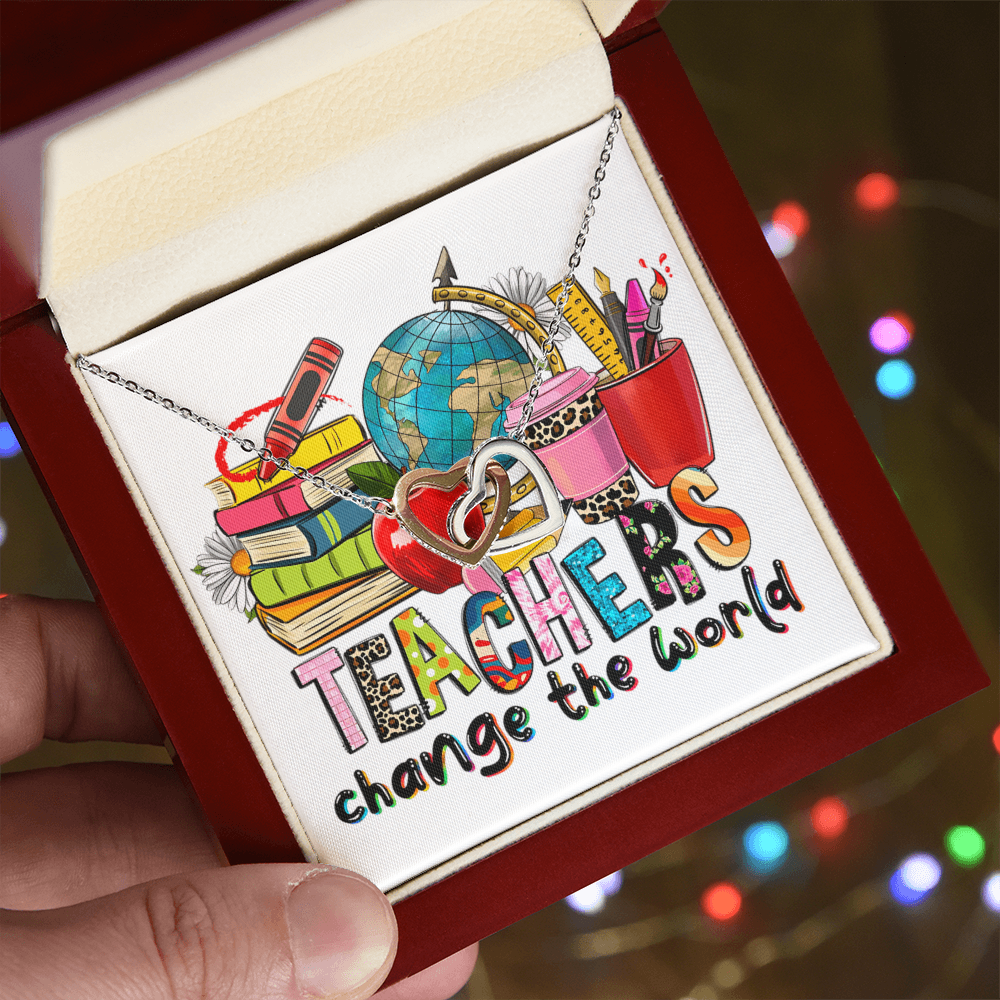 Teachers Change the World Interlocking Hearts Necklace