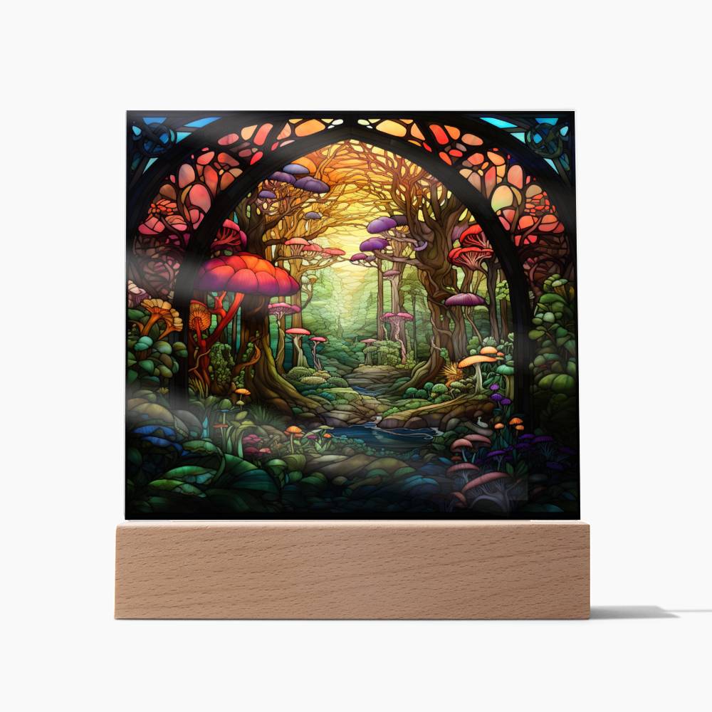 Mushroom Jungle Stained Glass Square Acrylic Plaque