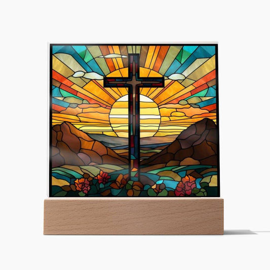 Stained Glass Cross Square Acrylic Plaque