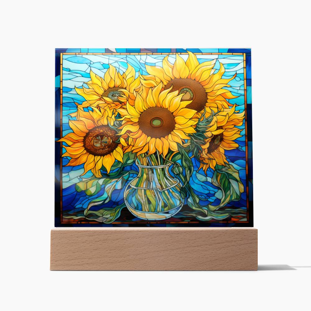 Sunflowers in Vase Faux Stained Glass Square Acrylic Plaque