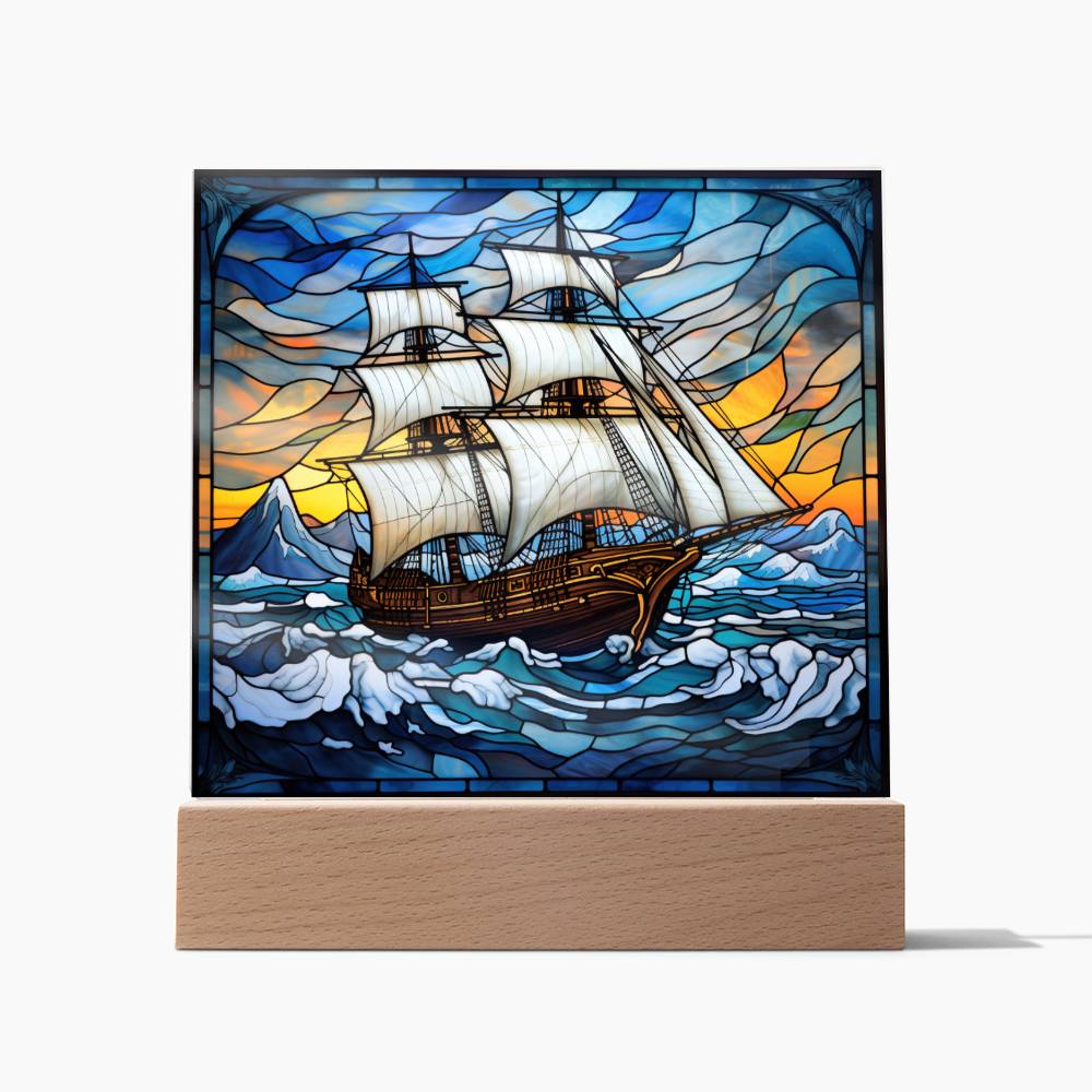 Sailing Ship Schooner Faux Stained Glass Square Acrylic Plaque