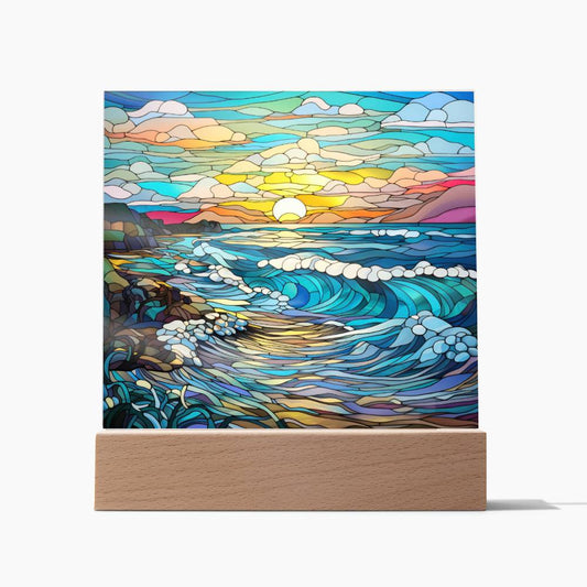 Sunset Waves on the Beach Stained Glass Sublimation Square Acrylic Plaque