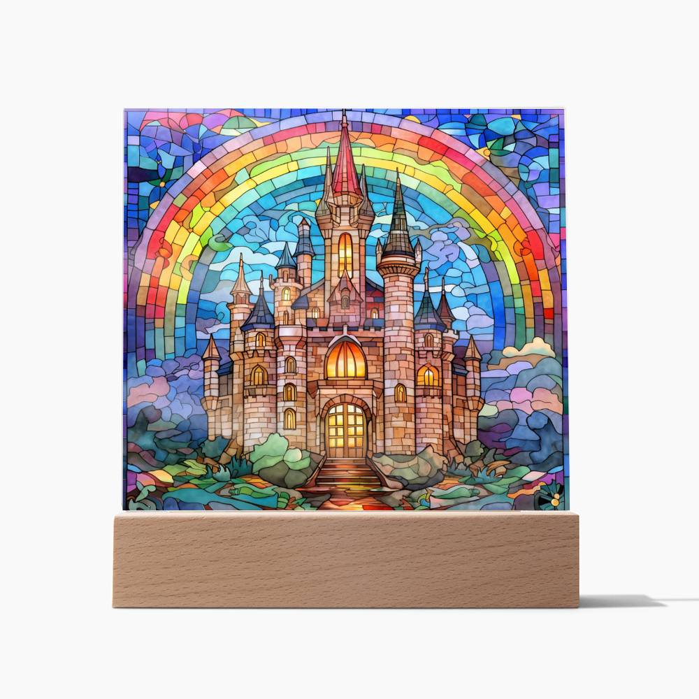 Rainbow Castle Faux Stained Glass Square Acrylic Plaque