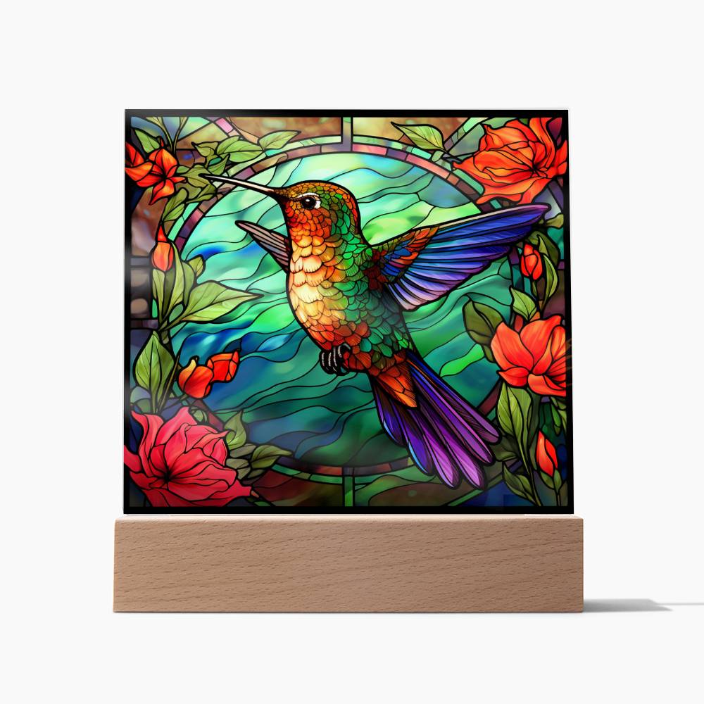 Hummingbird Faux Stained Glass Square Acrylic Plaque