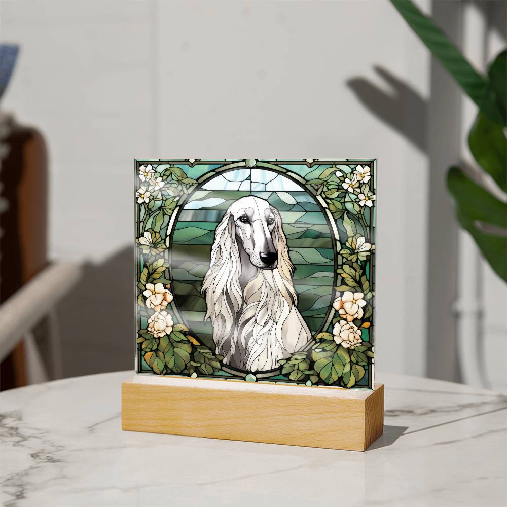 White Afghan Hound Dog Acrylic  Square Plaque, Pet Memorial