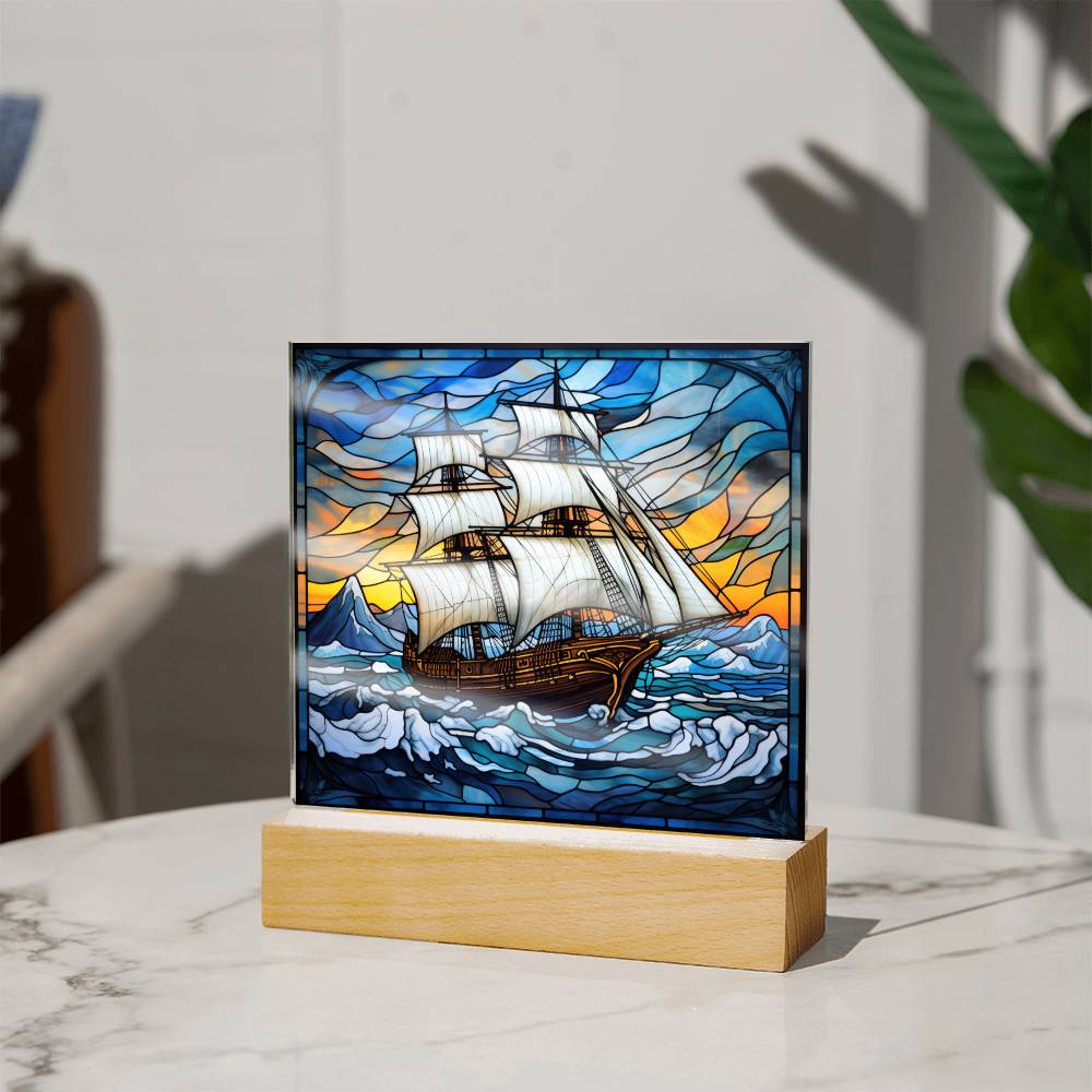 Sailing Ship Schooner Faux Stained Glass Square Acrylic Plaque