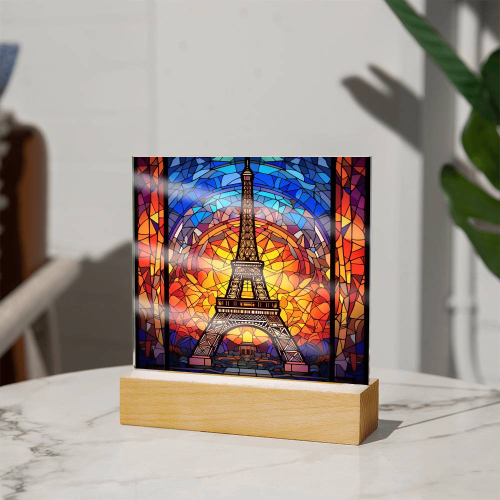 Eiffel Tower Faux Stained Glass Square Acrylic Plaque