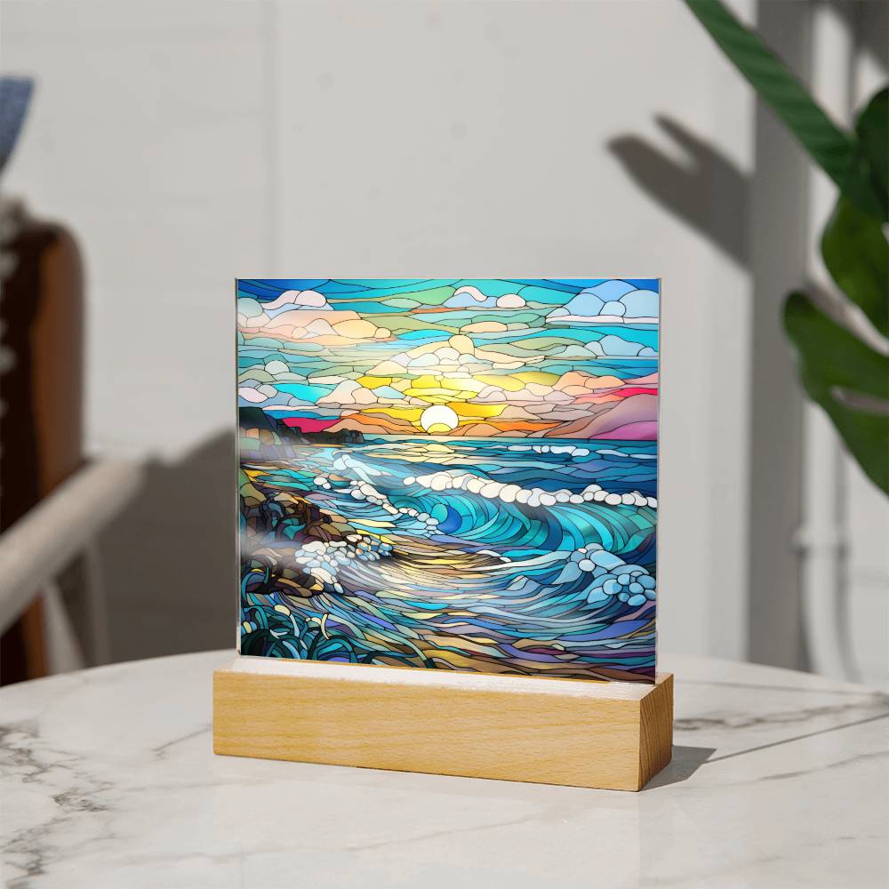 Sunset Waves on the Beach Stained Glass Sublimation Square Acrylic Plaque