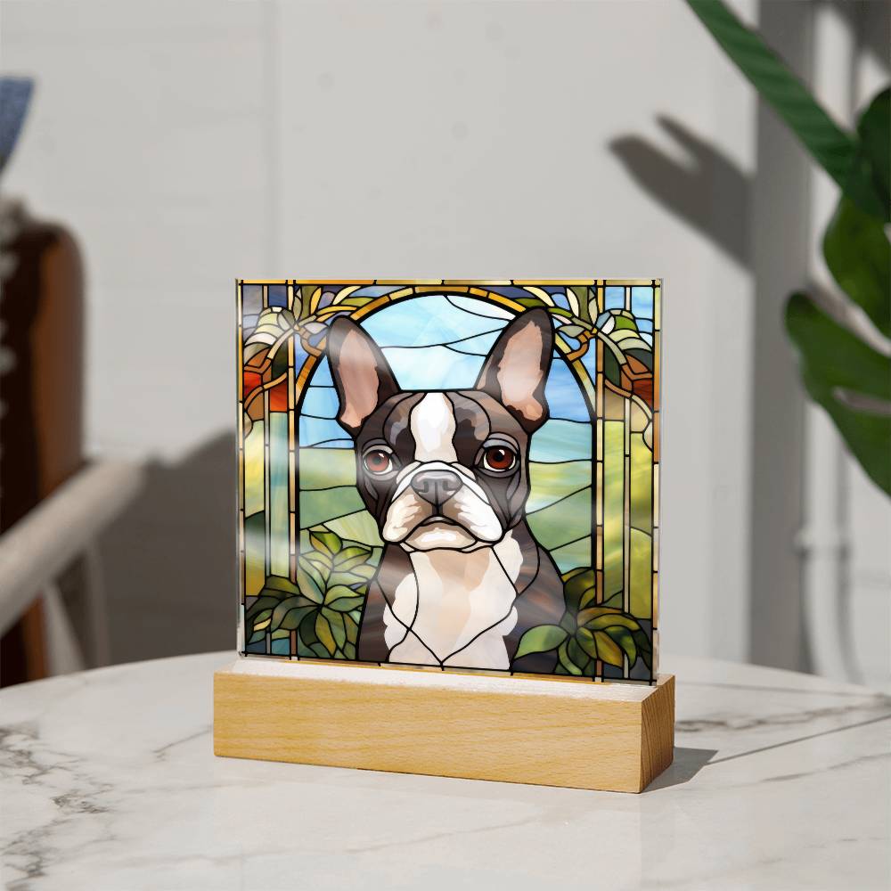 Grey Boston Terrier Dog Acrylic  Square Plaque, Pet Memorial