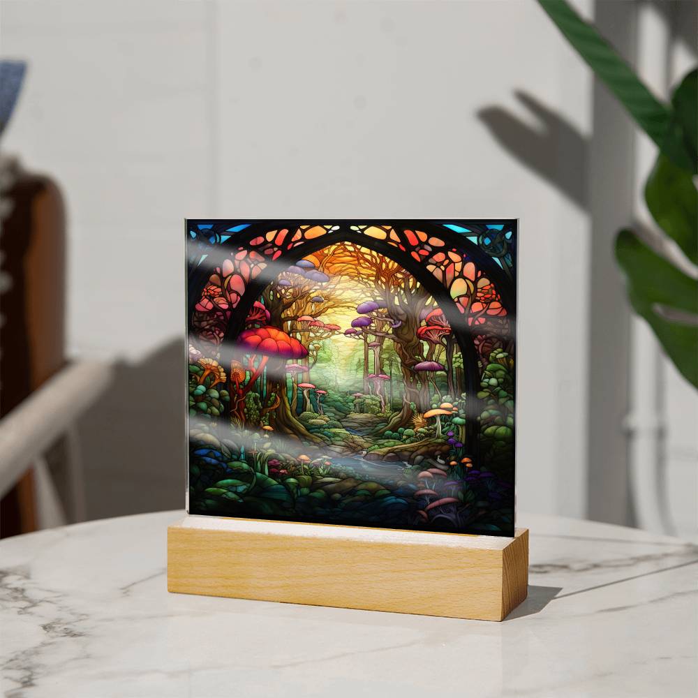 Mushroom Jungle Stained Glass Square Acrylic Plaque