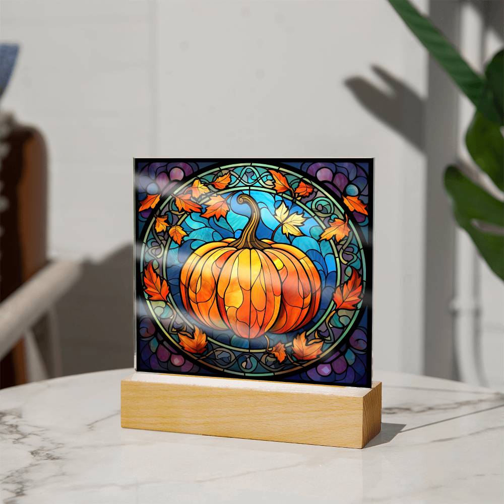 Fall Pumpkin Faux Stained Glass Square Acrylic Plaque