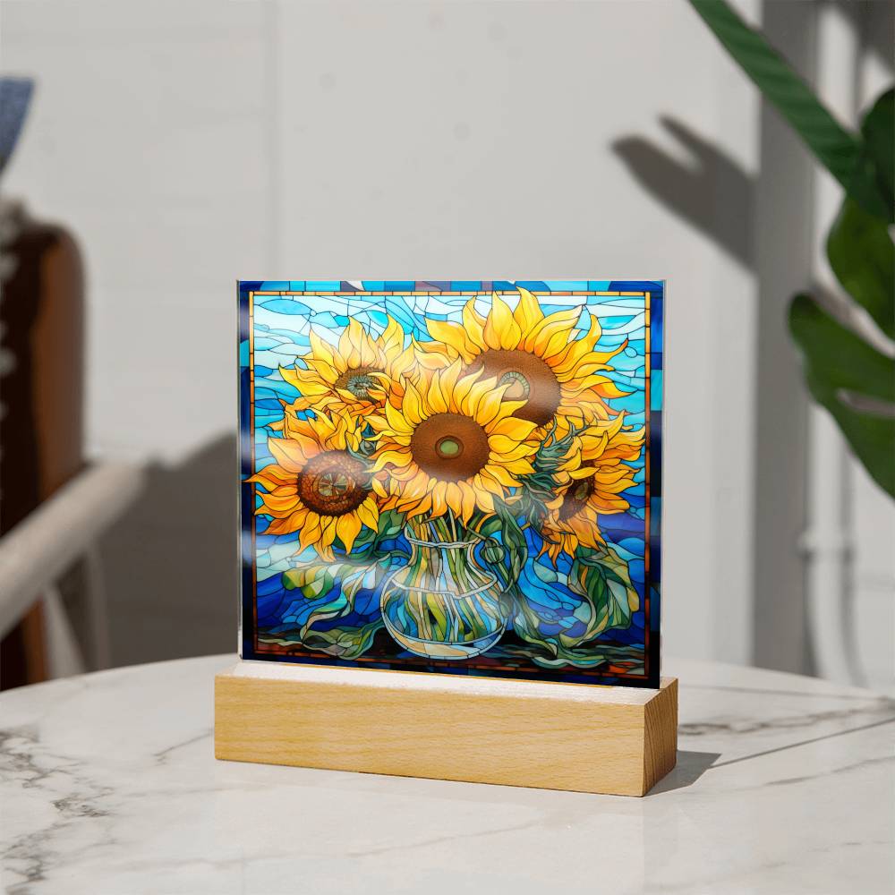 Sunflowers in Vase Faux Stained Glass Square Acrylic Plaque