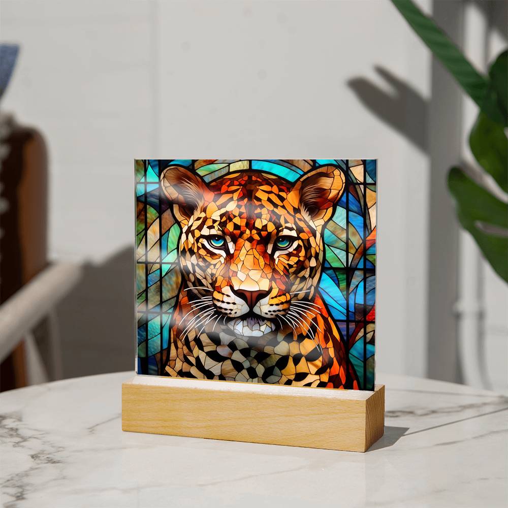 Leopard Faux Stained Glass Square Acrylic Plaque