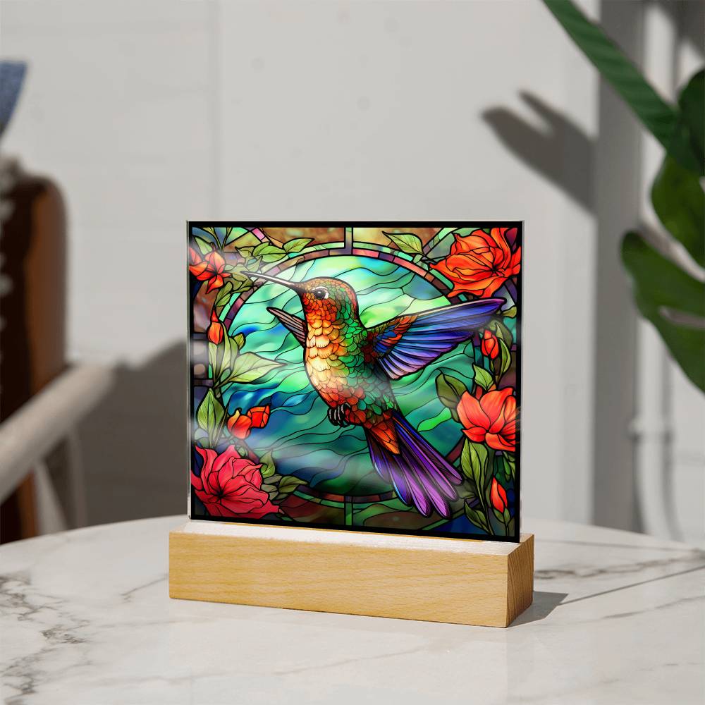 Hummingbird Faux Stained Glass Square Acrylic Plaque