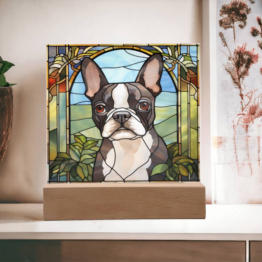 Grey Boston Terrier Dog Acrylic  Square Plaque, Pet Memorial