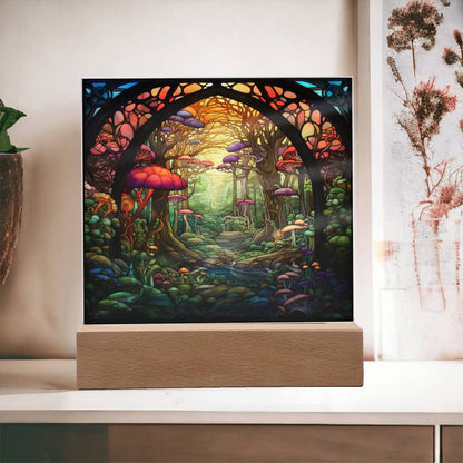 Mushroom Jungle Stained Glass Square Acrylic Plaque