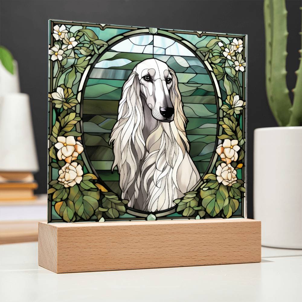 White Afghan Hound Dog Acrylic  Square Plaque, Pet Memorial