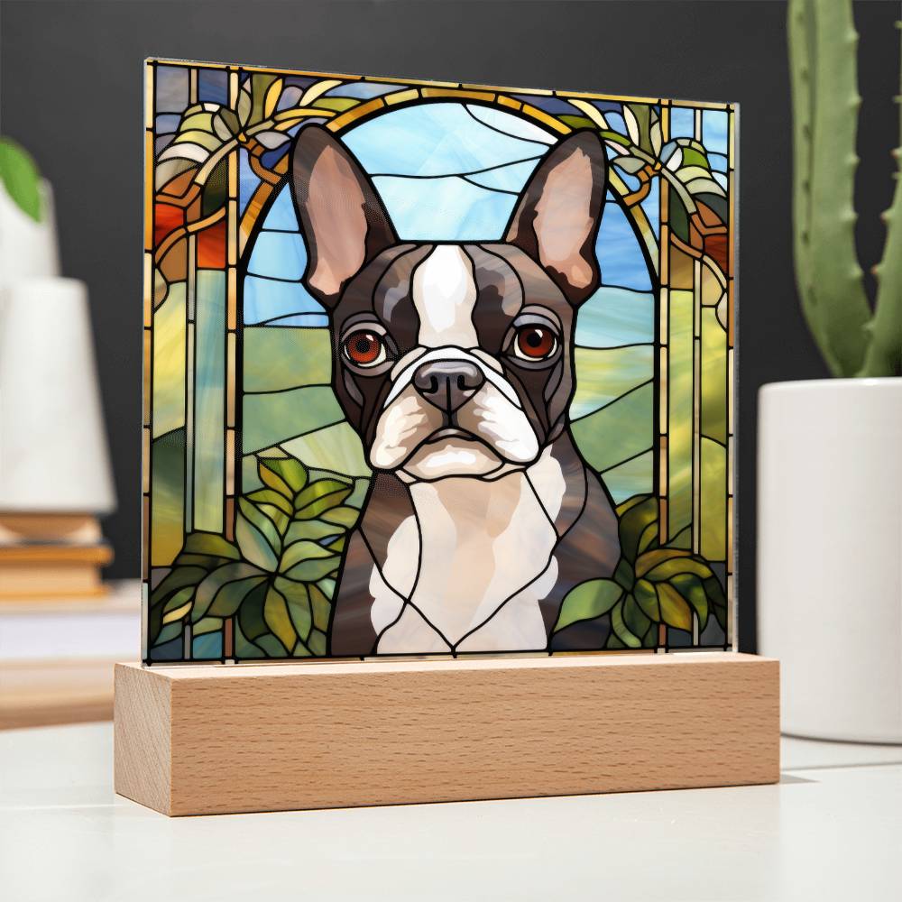 Grey Boston Terrier Dog Acrylic  Square Plaque, Pet Memorial