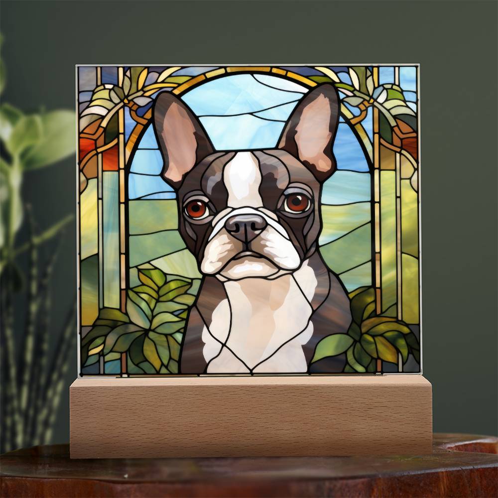 Grey Boston Terrier Dog Acrylic  Square Plaque, Pet Memorial