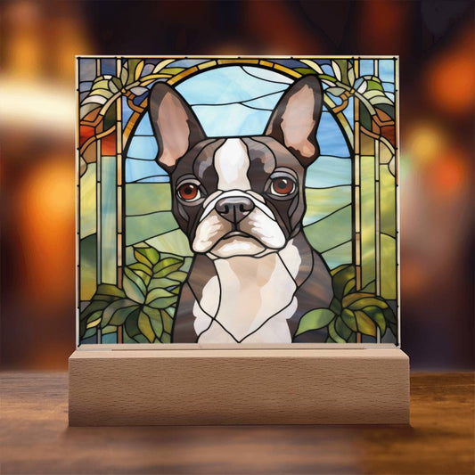 Grey Boston Terrier Dog Acrylic  Square Plaque, Pet Memorial