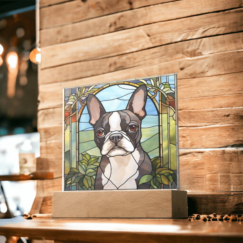 Grey Boston Terrier Dog Acrylic  Square Plaque, Pet Memorial