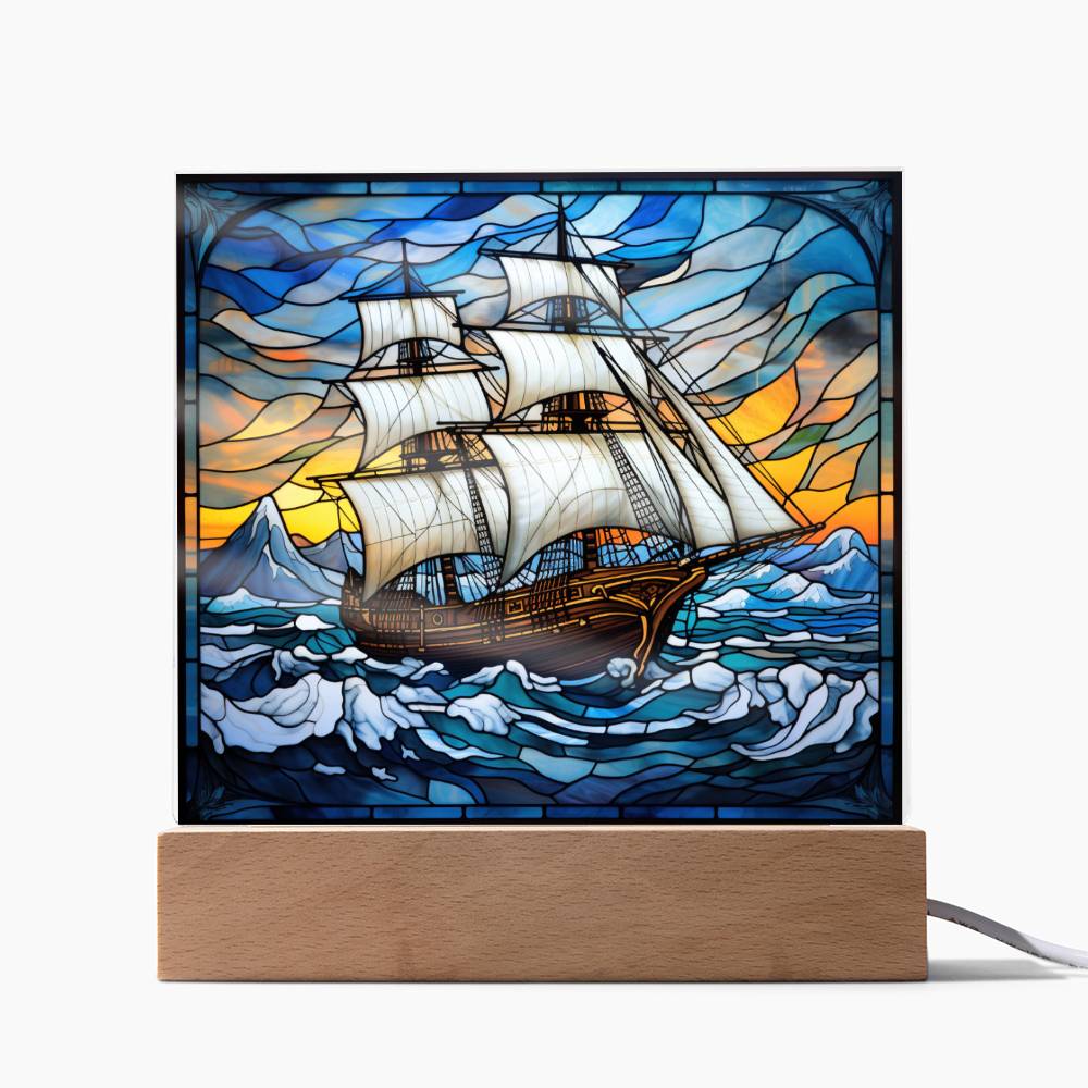 Sailing Ship Schooner Faux Stained Glass Square Acrylic Plaque