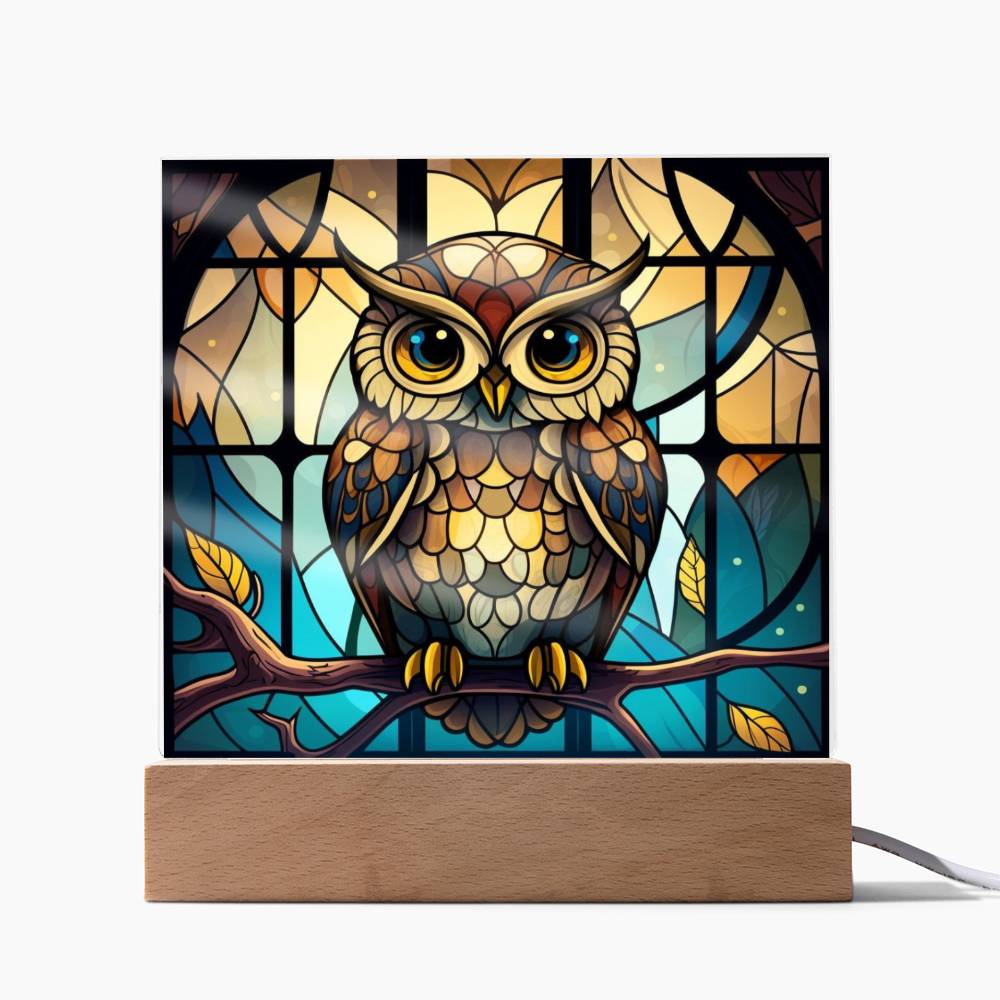 Owl Faux Stained Glass Square Acrylic Plaque