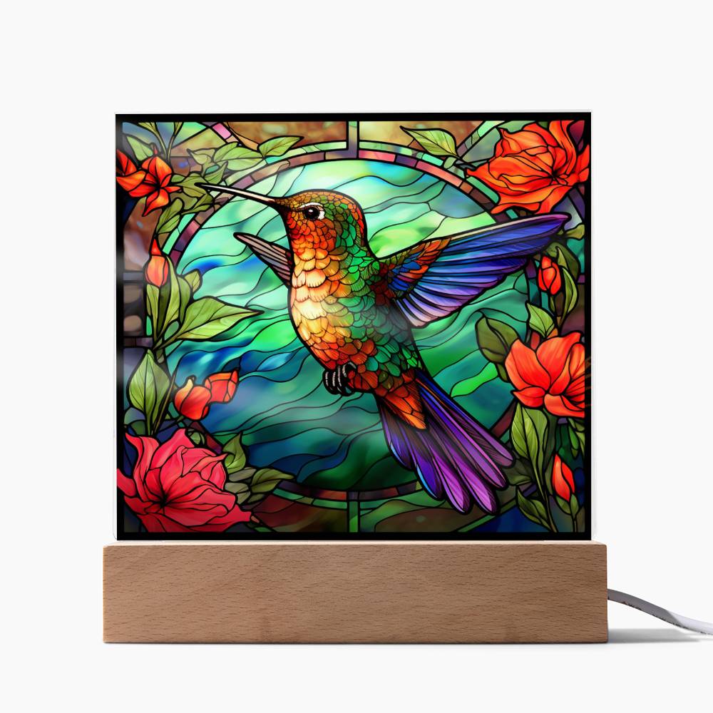 Hummingbird Faux Stained Glass Square Acrylic Plaque