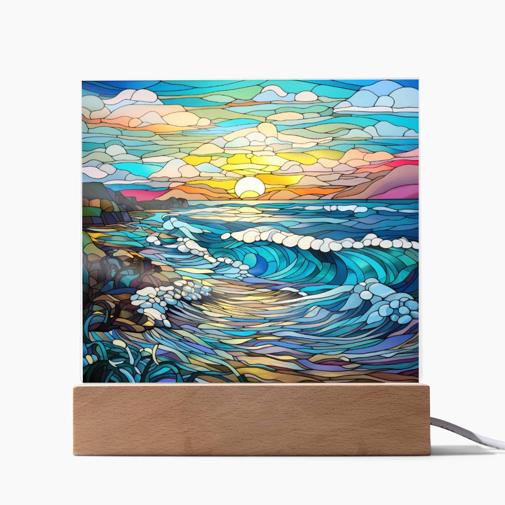 Sunset Waves on the Beach Stained Glass Sublimation Square Acrylic Plaque