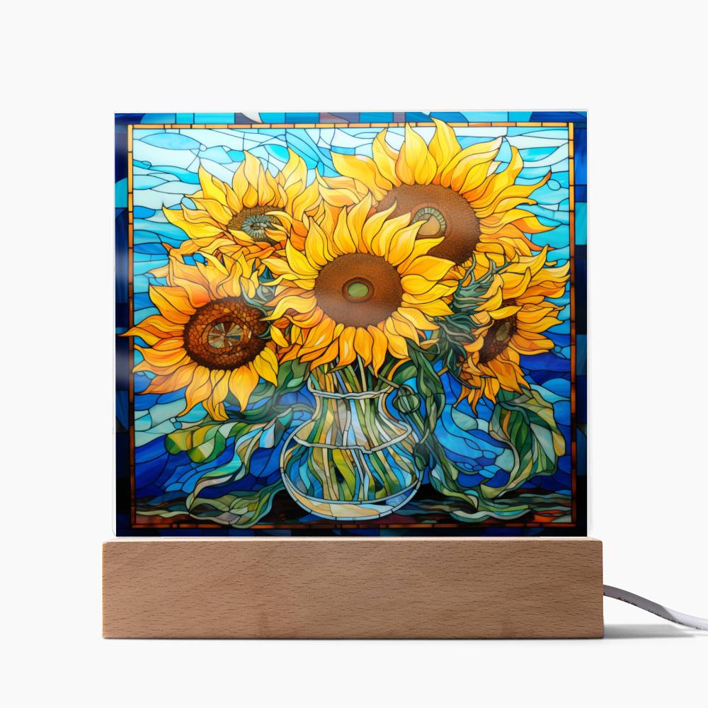 Sunflowers in Vase Faux Stained Glass Square Acrylic Plaque