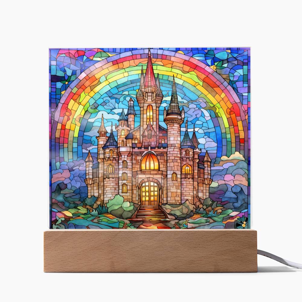 Rainbow Castle Faux Stained Glass Square Acrylic Plaque