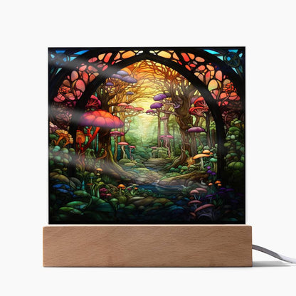 Mushroom Jungle Stained Glass Square Acrylic Plaque