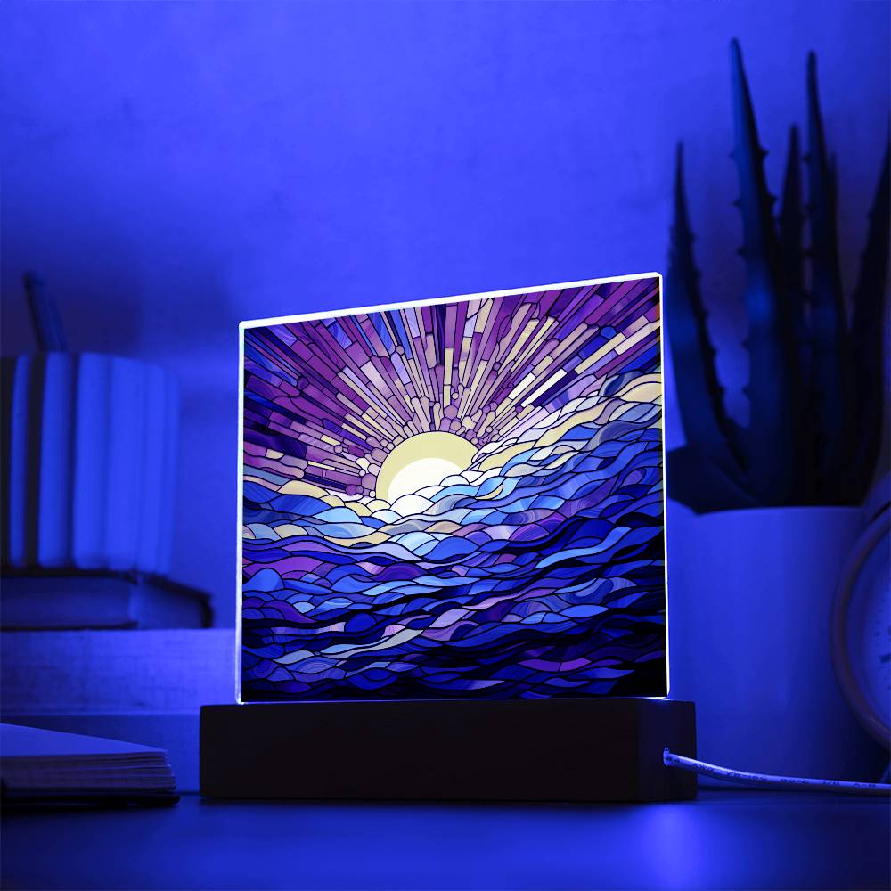 Ocean Sunrise Faux Stained Glass Square Acrylic Plaque