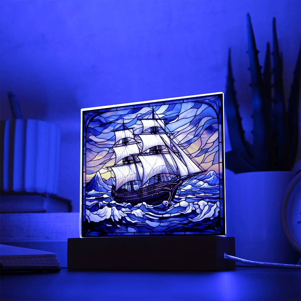 Sailing Ship Schooner Faux Stained Glass Square Acrylic Plaque