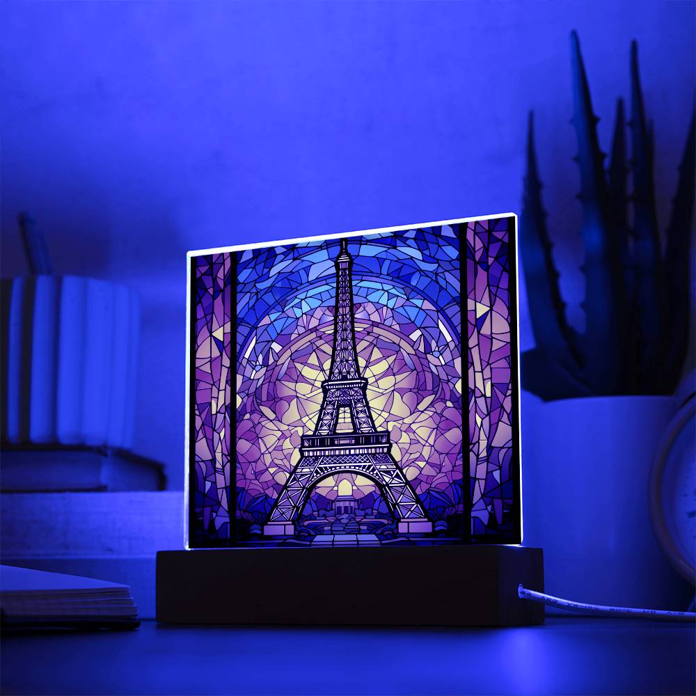 Eiffel Tower Faux Stained Glass Square Acrylic Plaque