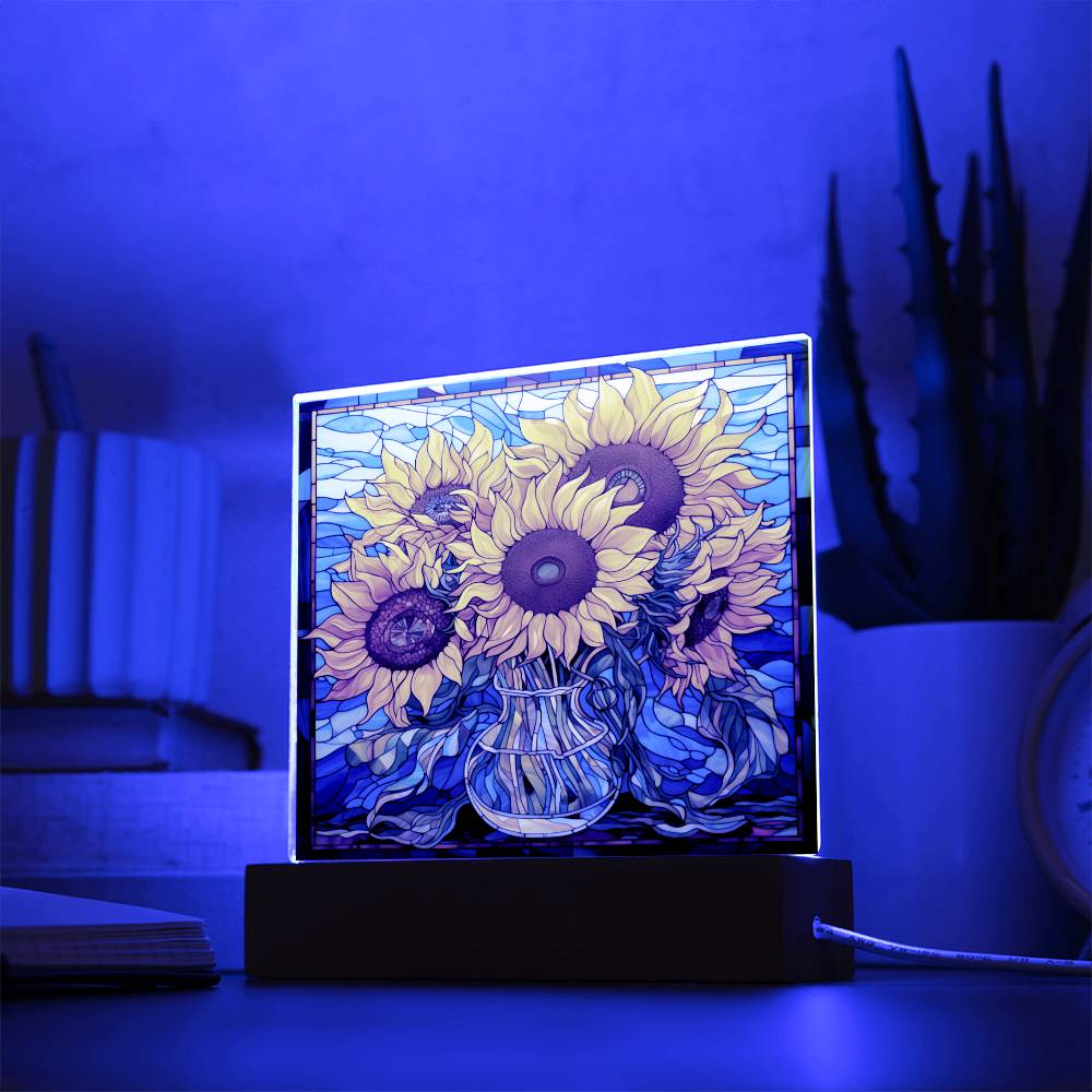 Sunflowers in Vase Faux Stained Glass Square Acrylic Plaque