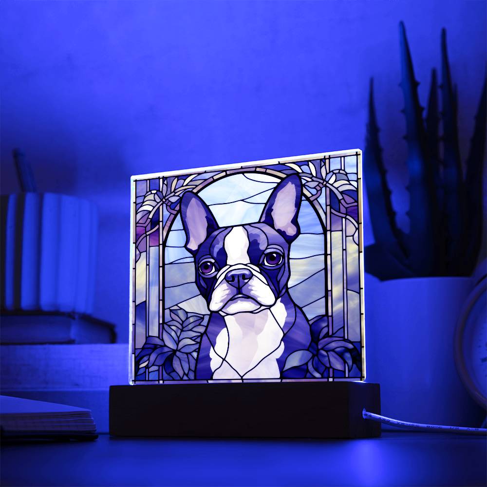 Grey Boston Terrier Dog Acrylic  Square Plaque, Pet Memorial