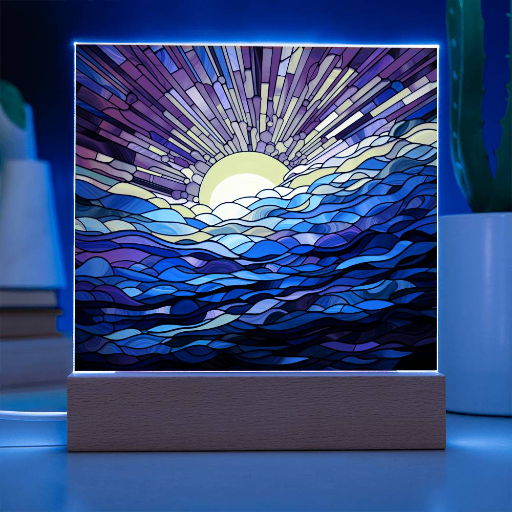 Ocean Sunrise Faux Stained Glass Square Acrylic Plaque